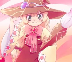 Rule 34 | 1girl, bad id, bad pixiv id, beryl benito, blonde hair, bow, green eyes, hat, long hair, m (wwwwwaa), paintbrush, pink background, pink bow, ribbon, smile, solo, tales of (series), tales of hearts, witch hat