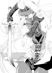 Rule 34 | 00s, 1girl, blue mage, elf, elvaan, final fantasy, final fantasy xi, gloves, greyscale, monochrome, pinky out, pointy ears, simple background, solo, sword, thigh gap, thighs, toroshio, weapon