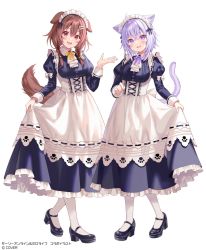 Rule 34 | 2girls, alternate costume, animal ear fluff, animal ears, apron, black footwear, blue dress, blush, braid, breasts, brown eyes, brown hair, cat ears, cat girl, cat tail, clothes lift, commentary request, dog ears, dog girl, dog tail, dress, enmaided, fukahire (ruinon), hair between eyes, high heels, highres, hololive, inugami korone, long sleeves, looking at viewer, maid, maid apron, medium breasts, medium hair, multiple girls, nekomata okayu, official art, open hand, open mouth, pumps, purple eyes, purple hair, short hair, sidelocks, simple background, skirt, skirt lift, smile, tail, twin braids, virtual youtuber, white background, white legwear