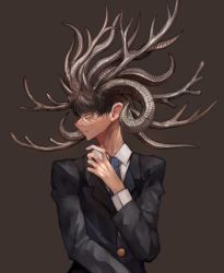 Rule 34 | 1boy, antlers, black hair, black suit, blue necktie, brown background, brown eyes, collared shirt, facing to the side, formal, goat boy, goat horns, hand up, highres, horizontal pupils, horns, long sleeves, looking at viewer, mixed horns, multiple horns, necktie, original, sheep horns, shirt, short hair, solo, suit, sumosamo, upper body, white shirt