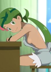 Rule 34 | 1girl, bare arms, blush, breasts, classroom, creatures (company), dark-skinned female, dark skin, day, flower, from side, game freak, green eyes, green hair, hair flower, hair ornament, highres, looking at viewer, low twintails, mallow (pokemon), meronshiroppu, naked overalls, nintendo, nipples, no bra, overalls, pokemon, pokemon (anime), pokemon sm (anime), school, sitting, small breasts, smile, solo, swept bangs, twintails