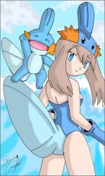 Rule 34 | blue eyes, brown hair, cosplay, creatures (company), game freak, gen 3 pokemon, looking at viewer, looking back, may (pokemon), mudkip, mudkip (cosplay), nintendo, open mouth, pokemon, swimsuit, tail