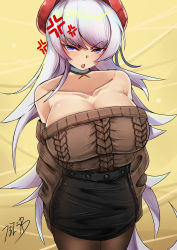 1girl absurdres anger_vein annoyed aran_sweater azur_lane bare_shoulders belfast_(azur_lane) belfast_(shopping_with_the_head_maid)_(azur_lane) beret black_skirt blush braid breasts brown_sweater cable_knit choker cleavage collarbone cowboy_shot earrings french_braid frown fuzinoe_13b hat highres hoop_earrings huge_breasts jewelry large_breasts long_hair looking_at_viewer off-shoulder_sweater off_shoulder open_mouth pantyhose pencil_skirt purple_eyes red_hat silver_hair skirt solo sweater thighs v-shaped_eyebrows very_long_hair