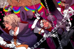 Rule 34 | 2boys, 2girls, ^ ^, beret, black pants, blazer, blonde hair, blush, brown footwear, buttons, cape, chain, chain around neck, clenched teeth, closed eyes, cocktail dress, collared cape, collared shirt, commentary request, danganronpa (series), dress, flower, flower brooch, fur scarf, gloves, grabbing own neck, half mask, happy, hat, hat flower, high collar, jacket, kabuya yoruko, layered sleeves, long hair, long sleeves, maeda yuki, mask, multiple boys, multiple girls, multiple views, necktie, nijiue iroha, open mouth, orange necktie, pants, partially colored, pink background, pipipyoco, plaid capelet, plaid headwear, purple cape, purple hat, rainbow, red cape, red flower, red rose, rose, sannoji mikado, shirt, shoes, short dress, short hair, side ponytail, sketchbook, smile, socks, space print, spoilers, starry sky print, super danganronpa another 2, sweater, sweater dress, tan, teeth, top hat, turn pale, two-sided cape, two-sided fabric, upper teeth only, wavy hair, wavy mouth, white gloves, white mask, white shirt, white socks, wide-eyed