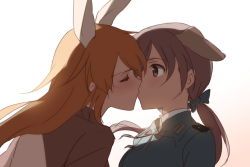Rule 34 | 2girls, animal ears, blue jacket, blue ribbon, blush, brown eyes, brown hair, brown jacket, charlotte e. yeager, closed eyes, couple, dog ears, female focus, floating hair, gertrud barkhorn, gradient background, hair between eyes, hair ribbon, jacket, kisetsu, kiss, long hair, looking at another, low twintails, military, military uniform, multiple girls, neck, orange hair, rabbit ears, rabbit girl, ribbon, shade, strike witches, surprised, twintails, uniform, upper body, white bunny ears, world witches series, yuri