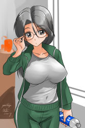 Rule 34 | 10s, 1girl, :o, adjusting eyewear, artist name, bespectacled, bottle, breasts, commentary, covered navel, cowboy shot, dated, freckles, girls und panzer, glasses, green jacket, green pants, grey eyes, grey hair, gym uniform, holding, indoors, jacket, large breasts, long hair, long sleeves, looking down, matsui yasutsugu, one-hour drawing challenge, open clothes, open jacket, pants, parted lips, piyotan (girls und panzer), ponytail, round eyewear, shirt, signature, solo, standing, track jacket, track pants, water bottle, white shirt