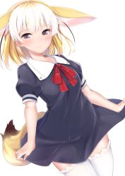 Rule 34 | 1girl, absurdres, animal ears, black dress, blonde hair, brown eyes, closed mouth, collared dress, commentary, cowboy shot, dress, dutch angle, fennec (kemono friends), fox ears, fox tail, frilled thighhighs, frills, half-closed eyes, highres, kemono friends, kinou no shika, looking at viewer, neck ribbon, puffy short sleeves, puffy sleeves, red ribbon, ribbon, short dress, short hair, short sleeves, simple background, skirt hold, smile, solo, standing, tail, thighhighs, white background, white thighhighs