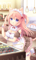 Rule 34 | 1girl, :p, animal ear fluff, animal ears, apron, blurry, blurry background, blush, breasts, brick wall, brown footwear, brown skirt, candy, cat ears, chocolate, chocolate heart, cleavage, commentary request, depth of field, food, frilled apron, frilled skirt, frilled socks, frills, hair between eyes, heart, highres, holding, holding food, indoors, long hair, looking at viewer, medium breasts, original, pink hair, puffy short sleeves, puffy sleeves, purple eyes, ryuuka sane, shirt, shoes, short sleeves, skirt, socks, solo, standing, standing on one leg, tongue, tongue out, two side up, very long hair, waist apron, white apron, white shirt, white socks
