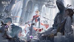 Rule 34 | 1boy, ahoge, animal ears, arknights, bird, black gloves, blonde hair, blue eyes, candle, candlestand, child, corpse, executor (arknights), executor the ex foedere (arknights), flower, gloves, halo, highres, holding, holding flower, holding weapon, horns, jewelry, official art, pendant, red ribbon, ribbon, weapon, wings
