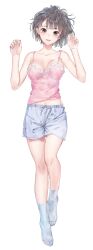 Rule 34 | 1girl, absurdres, blue reflection (series), blue reflection maboroshi ni mau shoujo no ken, blunt bangs, blush, breasts, breasts apart, camisole, collarbone, from above, hands up, happy, highres, kishida mel, looking at viewer, lying, medium breasts, midriff peek, navel, on back, open mouth, parted lips, pink camisole, shirai hinako, short hair, shorts, smile, socks, solo, white socks