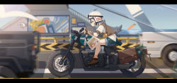 Rule 34 | 1girl, absurdres, ahoge, bird, blouse, blurry, blurry foreground, boots, brown footwear, brown gloves, brown vest, closed mouth, commentary, denim, denim shorts, flat chest, gloves, grey hair, helmet, highres, letterboxed, long hair, motion blur, motor vehicle, motorcycle, motorcycle helmet, original, outdoors, pickup truck, profile, red eyes, riding, road, shirt, short sleeves, shorts, solo, street, tattoo, truck, vest, white shirt, xiu kukkii