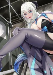 Rule 34 | 1girl, black bow, blue eyes, bow, braid, breasts, center opening, cleavage, closed mouth, clothing cutout, eyelashes, fate/grand order, fate (series), french braid, highres, large breasts, lips, lipstick, long hair, looking at viewer, makeup, morgan le fay (fate), onborocket, photo-referenced, platinum blonde hair, red lips, shiny lips, solo, stomach cutout, two-tone dress