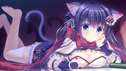Rule 34 | 1girl, animal ears, arm guards, barefoot, blue eyes, blush, bow, breast press, breasts, cat ears, cat tail, cleavage cutout, clothing cutout, crayon, feet, feet up, floral print, frills, fuuma tama, game cg, garter straps, hair ornament, hairpin, hand on own cheek, hand on own face, highres, holding, legs up, long hair, looking at viewer, lying, medium breasts, neko-nin exheart, neko-nin exheart series, on stomach, purple hair, red bow, red scarf, scarf, scroll, shadow, shiny skin, soles, solo, tail, takano yuki (allegro mistic), tareme, tassel, the pose, thighhighs, toes, white thighhighs