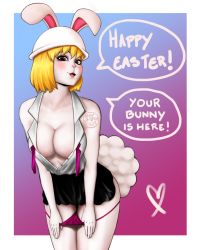 Rule 34 | 1girl, animal costume, animal ears, blonde hair, breasts, carrot (one piece), cleavage, easter, easter bunny, furry, furry female, highres, large breasts, ohmyseki, one piece, pale skin, panties, unworn panties, panty pull, rabbit, rabbit ears, rabbit girl, rabbit tail, short hair, skirt, smirk, solo, tail, underwear, undressing