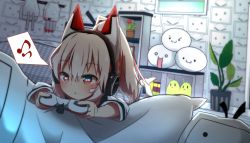 Rule 34 | 1girl, :3, :o, animal ears, ayanami (azur lane), ayanami (niconico) (azur lane), azur lane, barefoot, blush, cannon, closed mouth, commentary request, controller, eye reflection, flower, game controller, hair between eyes, headphones, high ponytail, highres, holding, idaten93, indoors, light brown hair, long hair, looking away, lying, musical note, niconico, on stomach, parted lips, pillow, plant, playing games, ponytail, potted plant, quaver, red eyes, red flower, reflection, shirt, shoboon, solo, spoken musical note, terebi-chan, turret, v-shaped eyebrows, white shirt