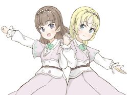 Rule 34 | 2girls, :d, blonde hair, blue eyes, bow, bowtie, brown hair, clenched hand, closed mouth, commentary request, dress, fujishima megumi, green bow, green bowtie, grey dress, hairband, highres, holding hands, interlocked fingers, layered sleeves, link! like! love live!, long hair, long sleeves, looking at viewer, love live!, low twintails, milk (love live!), mira-cra park!, multiple girls, official alternate costume, official alternate hairstyle, open hand, open mouth, osawa rurino, parted bangs, purple eyes, short over long sleeves, short sleeves, simple background, smile, split mouth, tazaki masanobu, twintails, upper body, virtual youtuber, white background, white hairband, white sleeves