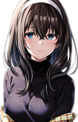 Rule 34 | 1girl, absurdres, black hair, black sweater, blue eyes, breasts, closed mouth, commentary request, crossed bangs, hairband, highres, idolmaster, idolmaster cinderella girls, large breasts, looking at viewer, medium hair, plaid shawl, popon ta, ribbed sweater, sagisawa fumika, shawl, simple background, smile, solo, sweater, turtleneck, turtleneck sweater, upper body, white background, white hairband