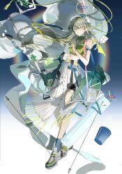 Rule 34 | 1girl, arknights, armband, arrow (projectile), arrow (symbol), bare shoulders, bird, blue background, blue socks, fartooth (arknights), fartooth (hear the wind sing) (arknights), full body, gradient background, gradient hair, green hair, grey hair, heqing, highres, holding, holding weapon, long hair, looking at viewer, multicolored hair, pinus sylvestris logo, rainbow, shoes, shoulder strap, simple background, skirt, socks, solo, very long hair, weapon, white background