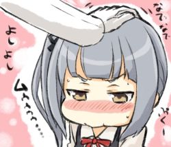 Rule 34 | 10s, 1girl, bad id, bad twitter id, blush, bow, bowtie, brown eyes, chibi, commentary request, engiyoshi, grey hair, hand on another&#039;s head, head pat, headpat, kantai collection, kasumi (kancolle), kasumi kai ni (kancolle), side ponytail, solo focus, sweatdrop