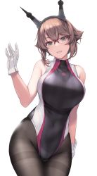 Rule 34 | 1girl, alternate costume, arm up, bare shoulders, black one-piece swimsuit, blush, breasts, brown hair, collarbone, commentary request, competition swimsuit, cowboy shot, flipped hair, glasses, gloves, green eyes, groin, hairband, headgear, highleg, highleg swimsuit, highres, kantai collection, large breasts, looking at viewer, mutsu (kancolle), one-piece swimsuit, pantyhose, pantyhose under swimsuit, parted lips, radio antenna, red-framed eyewear, rokuwata tomoe, semi-rimless eyewear, short hair, simple background, skindentation, smile, solo, swimsuit, thighs, white background, white gloves
