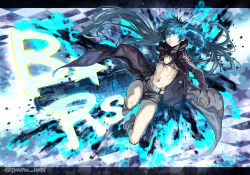 Rule 34 | 1girl, arm cannon, bikini, bikini top only, black hair, black rock shooter, black rock shooter (character), blue eyes, coat, flaming eye, full body, highres, isshi pyuma, long hair, midriff, navel, no shirt, pale skin, revision, scar, short shorts, shorts, solo, stomach, swimsuit, twintails, uneven twintails, weapon