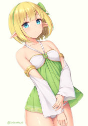 Rule 34 | 1girl, blonde hair, blue eyes, blunt bangs, blush, closed mouth, commentary, cowboy shot, detached sleeves, dress, green dress, grey background, hairband, long sleeves, looking at viewer, original, panties, pointy ears, sasaame, short dress, short hair, simple background, solo, twitter username, underwear, v arms, white background, white panties