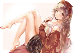 Rule 34 | 1girl, bare legs, barefoot, blunt bangs, blush, breasts, brown hair, brown skirt, camisole, cleavage, collarbone, ear piercing, floral background, gradient background, hand on breasts, headdress, highres, jacket, knees up, koji (kojikojimdw), large breasts, leg up, long hair, looking at viewer, looking back, nail polish, original, piercing, plaid, plaid skirt, red jacket, sitting, skirt, soles, solo, toenail polish, toenails, twitter username, yellow camisole
