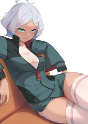 Rule 34 | 1girl, ahoge, akino komichi, aqua eyes, arm rest, asticassia school uniform, breasts, bright pupils, commentary request, couch, cowboy shot, dark-skinned female, dark skin, fingernails, green jacket, green shorts, grey hair, gundam, gundam suisei no majo, halter shirt, halterneck, high collar, highres, jacket, layered sleeves, long sleeves, looking at viewer, medium breasts, on couch, parted bangs, parted lips, partially unzipped, school uniform, secelia dote, shirt, short hair, short shorts, shorts, side slit, side slit shorts, simple background, sitting, skindentation, smile, solo, thigh gap, thighhighs, thighs, white background, white pupils, white shirt, white thighhighs, wide sleeves, zipper pull tab