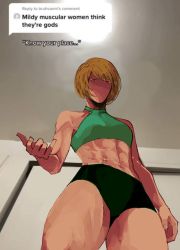 Rule 34 | 1girl, abs, brown eyes, brown hair, cowboy shot, english text, erskyee, highres, meme, mildly muscular women think they&#039;re gods (meme), muscular, muscular female, no mouth, no nose, persona, persona 4, satonaka chie, sports bra, sportswear, standing, thick thighs, thighs