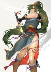 Rule 34 | 1girl, absurdres, blood, boots, breasts, dress, earrings, fingerless gloves, fire emblem, fire emblem: the blazing blade, gloves, green eyes, green hair, high ponytail, highres, jewelry, long hair, looking at viewer, lyn (fire emblem), nintendo, ormille, ponytail, solo, sword, very long hair, weapon