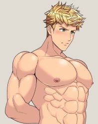 Rule 34 | 1boy, abs, arima (arima bn), arm behind back, bara, biceps, blonde hair, blush, granblue fantasy, green eyes, hand on back, highres, large pectorals, long sideburns, looking to the side, male focus, manly, mature male, muscular, muscular male, nipples, pectorals, sideburns, solo, spiked hair, thick arms, topless male, upper body, vane (granblue fantasy)