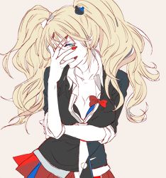 Rule 34 | 10s, 1girl, blonde hair, blue eyes, bow, breasts, cleavage, collarbone, danganronpa (series), danganronpa: trigger happy havoc, enoshima junko, hair ornament, hand over face, kuru (kzyr), long hair, looking at viewer, nail polish, necktie, one eye covered, pink hair, red skirt, ribbon, school uniform, skirt, sleeves rolled up, solo, spoilers, twintails