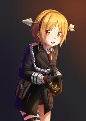 Rule 34 | 1girl, arrow (projectile), arrow in body, arrow in head, blonde hair, blush, brown eyes, candy, food, girls&#039; frontline, gun, halloween costume, hat, highres, looking at viewer, military, military hat, military uniform, mp40, mp40 (girls&#039; frontline), necktie, object through head, short hair, solo, submachine gun, triangle bullet, uniform, weapon