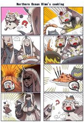 Rule 34 | 10s, 2girls, 4koma, :d, abyssal ship, breasts, chef hat, claws, cleavage, colored skin, comic, cooking, detached sleeves, dress, enemy aircraft (kancolle), gooster, hat, horns, huge breasts, kantai collection, long hair, multiple 4koma, multiple girls, northern ocean princess, open mouth, seaport water oni, silent comic, single horn, smile, white dress, white hair, white skin