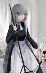 Rule 34 | 1girl, absurdres, alternate costume, amamizu shizuku, apron, blue hair, closed mouth, commentary request, crossed bangs, cup, drinking glass, enmaided, feet out of frame, girls&#039; frontline, glass, green eyes, highres, hk416 (girls&#039; frontline), holding, holding mop, long hair, looking at viewer, maid, maid apron, mop, revision, simple background, solo, standing, table, teardrop facial mark, teardrop tattoo, very long hair, wine glass