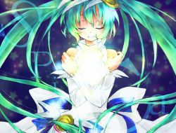 Rule 34 | 1girl, bare shoulders, crossed arms, dress, closed eyes, green hair, hatsune miku, kawana (spicaboy), long hair, solo, spica (vocaloid), spicaboy, twintails, very long hair, vocaloid