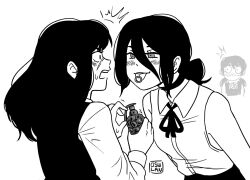 Rule 34 | 3girls, artist name, black choker, black hair, blush, chainsaw man, choker, collared shirt, dress, explosive, face-to-face, facial scar, fourth east high school uniform, grenade, grenade pin in mouth, greyscale, hair between eyes, highres, implied yuri, long hair, looking at another, mitaka asa, monochrome, multiple girls, neck ribbon, open mouth, osulan, pinafore dress, red eyes, reze (chainsaw man), ribbon, scar, scar on cheek, scar on face, school uniform, shirt, short hair, simple background, sleeveless, sleeveless dress, smile, spot color, tongue, tongue out, white background, white shirt, yoru (chainsaw man)