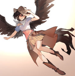 Rule 34 | 1girl, bandana, blue shirt, boots, brown footwear, brown hair, brown hat, brown skirt, brown wings, chinese commentary, commentary request, cowboy hat, feathered wings, fingernails, full body, grin, hair between eyes, hand on headwear, hat, highres, horse tail, hug (yourhug), kurokoma saki, layered skirt, looking at viewer, puffy short sleeves, puffy sleeves, red eyes, red shirt, shirt, short hair, short sleeves, simple background, skirt, smile, solo, tail, teeth, touhou, two-tone shirt, white bandana, wings, yellow skirt