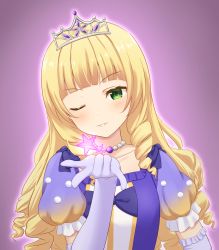 Rule 34 | 1girl, absurdres, bead necklace, beads, blonde hair, blunt bangs, commentary request, dress, drill hair, elbow gloves, facing viewer, gloves, green eyes, hand on own hip, head tilt, heanna sumire, highres, jewelry, light blush, long hair, love live!, love live! superstar!!, necklace, nonfiction!! (love live!), one eye closed, parted lips, pink background, puffy short sleeves, puffy sleeves, purple dress, purple gloves, short sleeves, simple background, smile, solo, tiara, upper body, yutuki ame