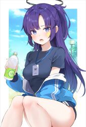 Rule 34 | 1girl, black shirt, blue archive, blue eyes, blue jacket, blush, bottle, commentary request, facial mark, feet out of frame, halo, highres, holding, holding bottle, id card, jacket, lanyard, long hair, looking at viewer, masco, mechanical halo, open mouth, partially unzipped, ponytail, purple hair, shirt, short sleeves, solo, star (symbol), track jacket, water bottle, yuuka (blue archive), yuuka (track) (blue archive)