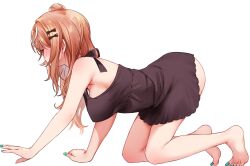 Rule 34 | 1girl, all fours, armpit crease, bare shoulders, barefoot, black dress, blush, bow, breasts, brown hair, dress, feet, festa11307070, from side, full body, green nails, hair bow, hair ornament, highres, igarashi rika, large breasts, legs, long hair, looking to the side, multicolored hair, nail polish, nijisanji, short dress, simple background, sleeveless, sleeveless dress, solo, streaked hair, sweatdrop, thighs, toenail polish, toenails, toes, virtual youtuber, white background, white hair
