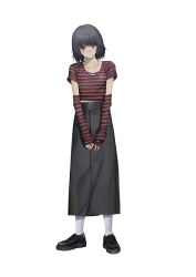 Rule 34 | 1girl, absurdres, black footwear, black hair, black skirt, collarbone, commentary, detached sleeves, full body, grey eyes, highres, jewelry, long skirt, looking at viewer, necklace, original, parted lips, purple shirt, shirt, shoes, short hair, short sleeves, simple background, skirt, sleeves past wrists, socks, solo, striped clothes, striped shirt, subfiction, white background, white socks