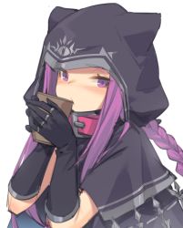 Rule 34 | 1girl, animal hood, black capelet, black gloves, blush, braid, capelet, closed mouth, collar, commentary request, cup, disposable cup, elbow gloves, fate/grand order, fate (series), gloves, holding, holding cup, hood, hood up, hooded capelet, kildir, long hair, looking at viewer, medusa (fate), medusa (lancer) (fate), medusa (rider) (fate), nose blush, pink collar, purple eyes, purple hair, rider, sidelocks, simple background, single braid, solo, upper body, very long hair, white background