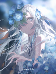 Rule 34 | 1girl, absurdres, bare arms, bare shoulders, blue eyes, blue flower, blurry, blurry background, breasts, commentary, depth of field, dress, english commentary, flower, grey hair, hair over one eye, highres, isekai joucho, kamitsubaki studio, long hair, looking to the side, medium breasts, nemophila (flower), parted lips, pine50, sleeveless, sleeveless dress, solo, upper body, very long hair, white dress