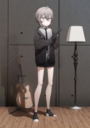 Rule 34 | 1girl, absurdres, ankle socks, black gloves, black jacket, black necktie, black skirt, black socks, blush, brown hair, closed mouth, collared shirt, commentary request, floor lamp, girls&#039; frontline, gloves, hair between eyes, highres, indoors, instrument, instrument request, jacket, looking at viewer, m200 (girls&#039; frontline), necktie, no shoes, off shoulder, open clothes, open jacket, pleated skirt, purple eyes, shirt, skirt, socks, solo, standing, tr07, white shirt, wooden floor