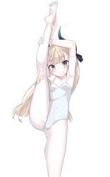 Rule 34 | 1girl, absurdres, armadillon, armpits, athletic leotard, black bow, blonde hair, blue eyes, blunt bangs, blush, bodysuit, bow, covered navel, cowboy shot, hair bow, highres, horns, leg hold, leotard, long hair, looking at viewer, original, pointy ears, short sleeves, simple background, smile, solo, split, standing, standing on one leg, standing split, toes, white background, white bodysuit, white leotard