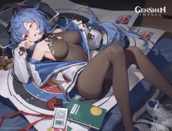 Rule 34 | 1girl, absurdres, bare shoulders, bilibili xiaolu, blue hair, bodystocking, breasts, copyright name, covered navel, cum, cum on clothes, curled horns, facial, feet out of frame, ganyu (genshin impact), genshin impact, hair between eyes, highres, horns, jacket, jewelry, knees up, long hair, long sleeves, lying, medium breasts, necklace, notebook, on back, one eye closed, open clothes, open jacket, parted lips, purple eyes, qr code, shoes, unworn shoes, solo, sweat, target, very long hair, white jacket