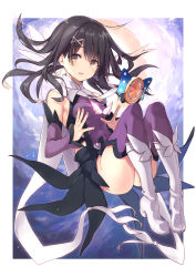 Rule 34 | 1girl, bare shoulders, black hair, blush, boots, breasts, brown eyes, cape, commentary, english commentary, fate/grand order, fate/kaleid liner prisma illya, fate (series), floating, floating hair, hair between eyes, hair ornament, hair ribbon, hairclip, highres, kaleidostick, leotard, long hair, looking at viewer, magical girl, magical sapphire, miyu edelfelt, nanananana, open mouth, purple legwear, purple leotard, ribbon, small breasts, solo, white cape, white footwear, x hair ornament