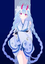Rule 34 | 1girl, aqua hair, blue archive, blush, braid, chise (blue archive), closed mouth, detached sleeves, floral print, flower, hair between eyes, hair flower, hair ornament, halo, highres, horns, japanese clothes, kyuuri (miyako), long hair, looking at viewer, oni horns, pink eyes, sailor collar, sidelocks, simple background, solo, twin braids, two-tone background, very long hair, white flower, white sailor collar, wide sleeves