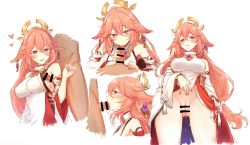 Rule 34 | 1boy, 1girl, animal ears, armpit sex, bar censor, blush, breasts, censored, detached sleeves, fellatio, fox ears, genshin impact, hair between eyes, heart, hetero, highres, japanese clothes, long hair, miko, multiple views, oral, parted lips, penis, penis under another&#039;s clothes, pink hair, purple eyes, pussy, ribbon-trimmed sleeves, ribbon trim, saliva, sbs, simple background, solo focus, sweat, tassel, very long hair, white background, wide sleeves, yae miko